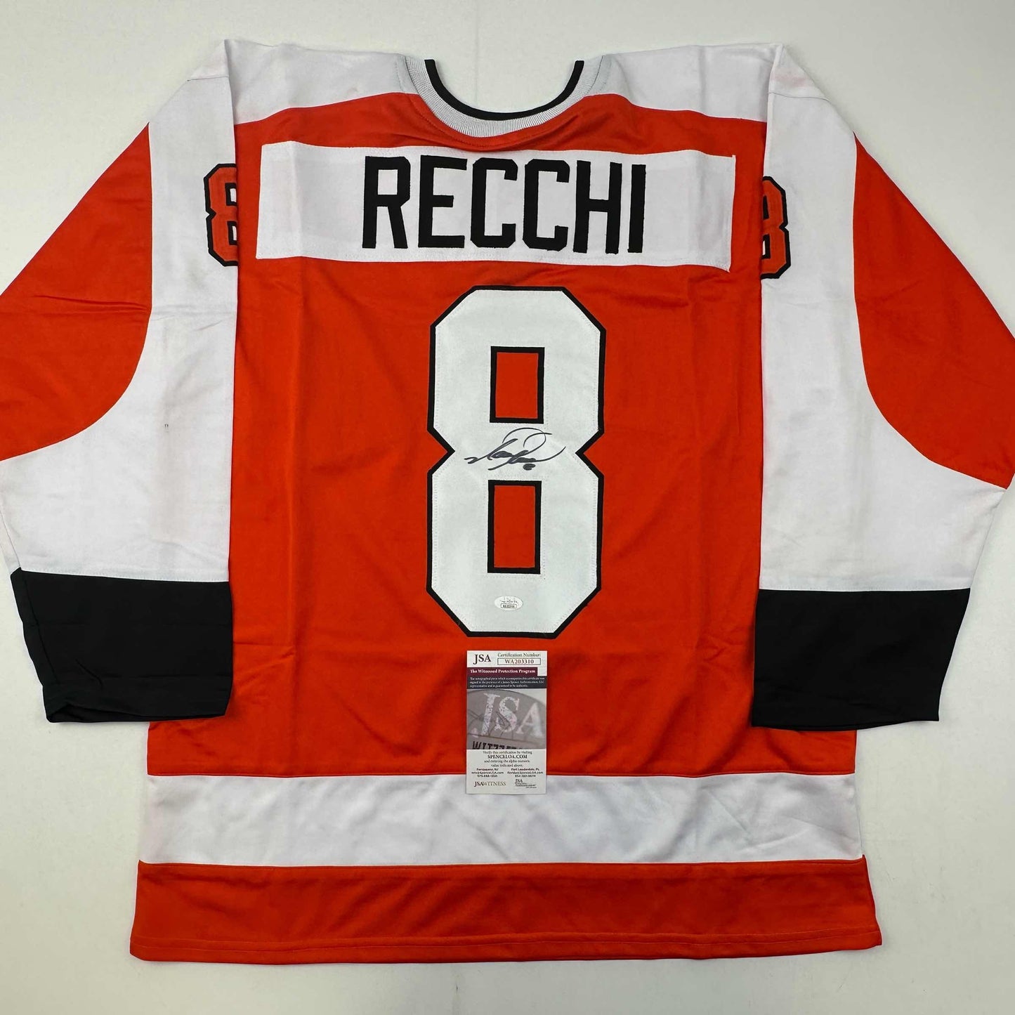 Autographed/Signed Mark Recchi Philadelphia Orange Hockey Jersey JSA COA