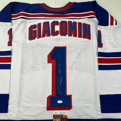Autographed/Signed Eddie Giacomin HOF 87 New York White Hockey Jersey JSA COA