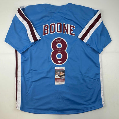 Autographed/Signed Bob Boone 80 WS Champs Philadelphia Retro Blue Baseball Jersey JSA COA