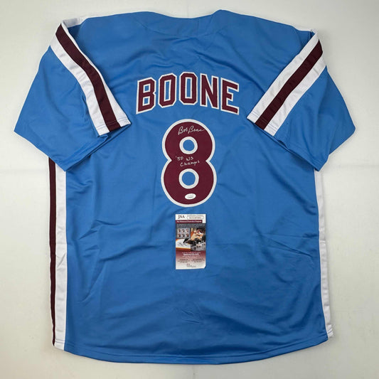 Autographed/Signed Bob Boone 80 WS Champs Philadelphia Retro Blue Baseball Jersey JSA COA