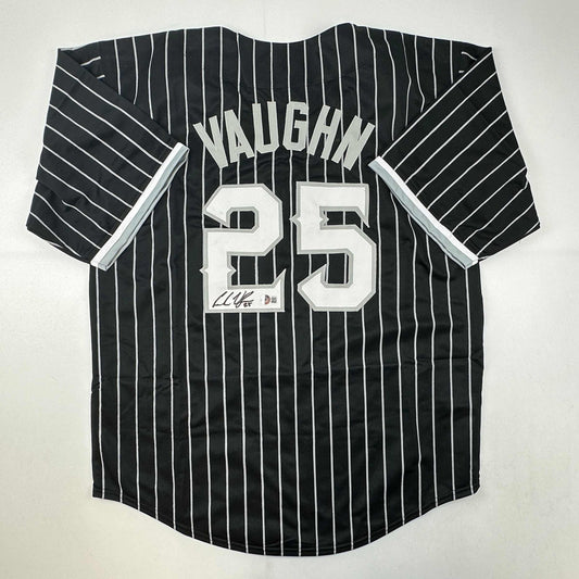 Autographed/Signed Andrew Vaughn Chicago Black Pinstripe City Edition Baseball Jersey Beckett BAS COA