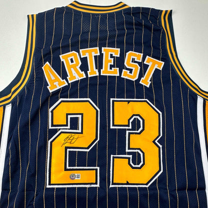 Autographed/Signed Ron Artest Metta World Peace Indiana Blue Pinstripe #23 Basketball Jersey Beckett BAS COA
