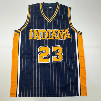 Autographed/Signed Ron Artest Metta World Peace Indiana Blue Pinstripe #23 Basketball Jersey Beckett BAS COA