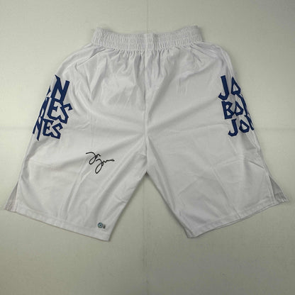 Autographed/Signed Jon Bones Jones Black UFC MMA White Trunks Ultimate Fighting Beckett BAS COA