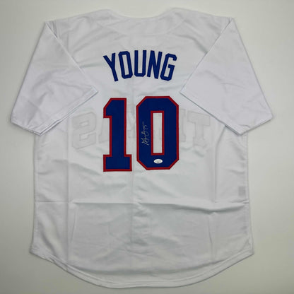 Autographed/Signed Michael Young Texas White Baseball Jersey JSA COA