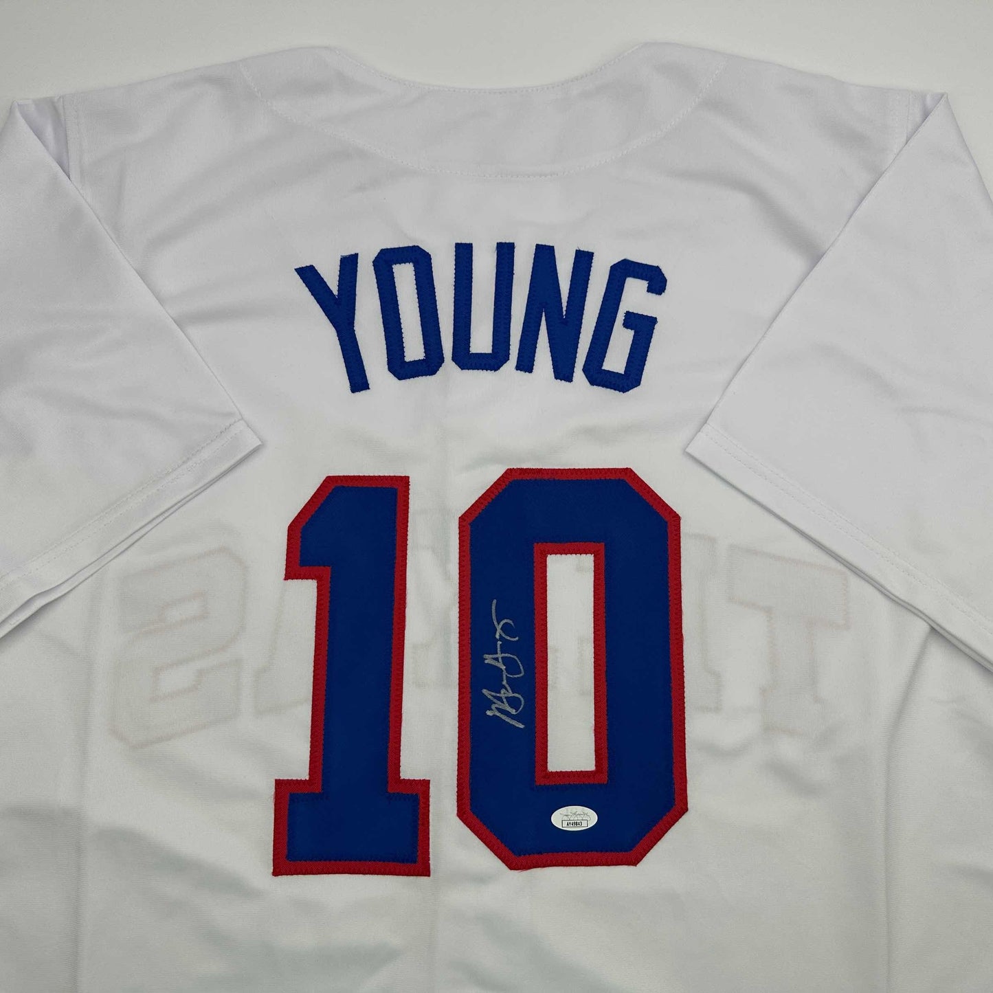 Autographed/Signed Michael Young Texas White Baseball Jersey JSA COA