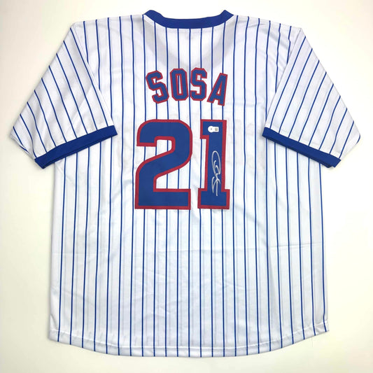 Autographed/Signed Sammy Sosa Chicago Pinstripe Baseball Jersey Beckett BAS COA