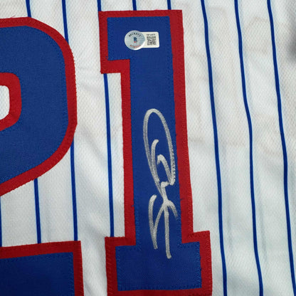 Autographed/Signed Sammy Sosa Chicago Pinstripe Baseball Jersey Beckett BAS COA