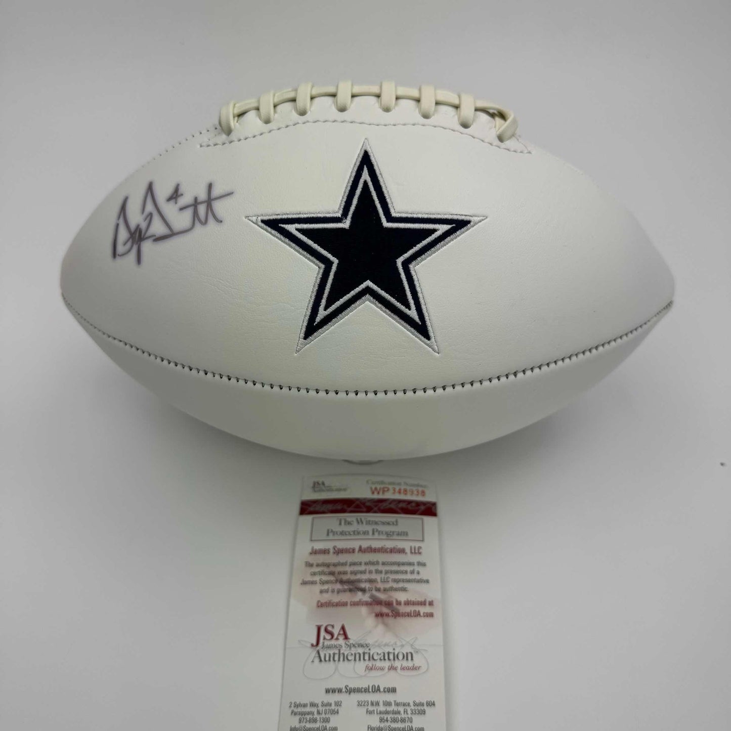 Autographed/Signed Dak Prescott Dallas Cowboys Full Size F/S White Panel Logo Football JSA COA