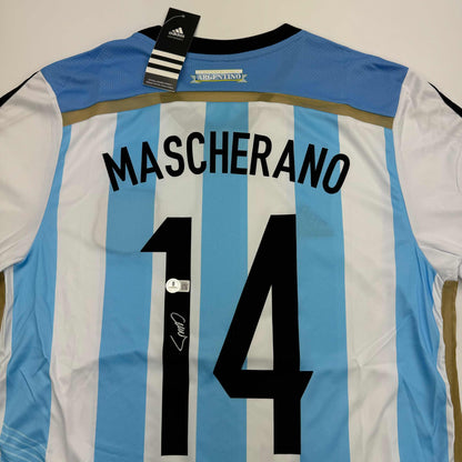 Autographed/Signed Javier Mascherano Argentina Blue Soccer Futbol Jersey Beckett BAS COA