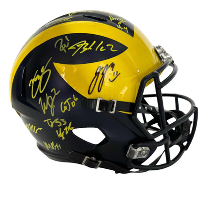 Autographed/Signed 2023 Michigan Wolverines Full-Size Speed Helmet Team-Signed by (18) with J.J. McCarthy, Blake Corum, Roman Wilson, Colston Loveland Beckett BAS COA