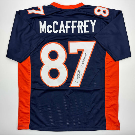 Autographed/Signed Ed McCaffrey 2x SB Champs Denver Blue Football Jersey Beckett BAS COA