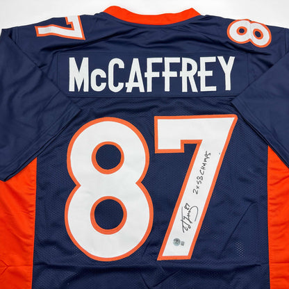 Autographed/Signed Ed McCaffrey 2x SB Champs Denver Blue Football Jersey Beckett BAS COA