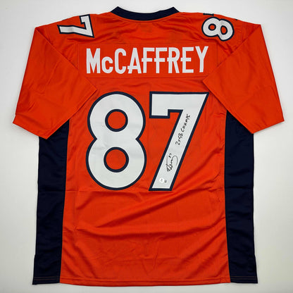 Autographed/Signed Ed McCaffrey 2x SB Champs Denver Orange Football Jersey Beckett BAS COA