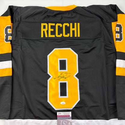 Autographed/Signed Mark Recchi Pittsburgh Black Hockey Jersey JSA COA