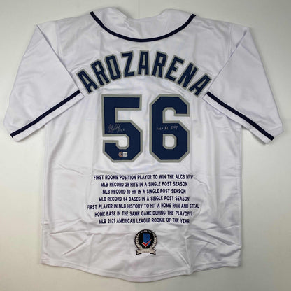Autographed/Signed Randy Arozarena Tampa Bay White Stat Baseball Jersey Beckett BAS COA