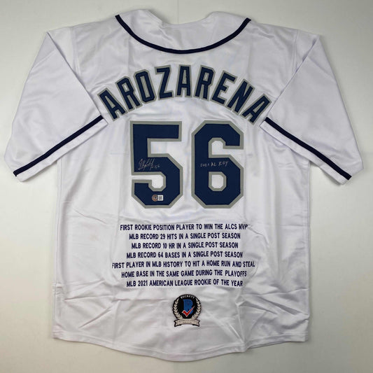 Autographed/Signed Randy Arozarena Tampa Bay White Stat Baseball Jersey Beckett BAS COA