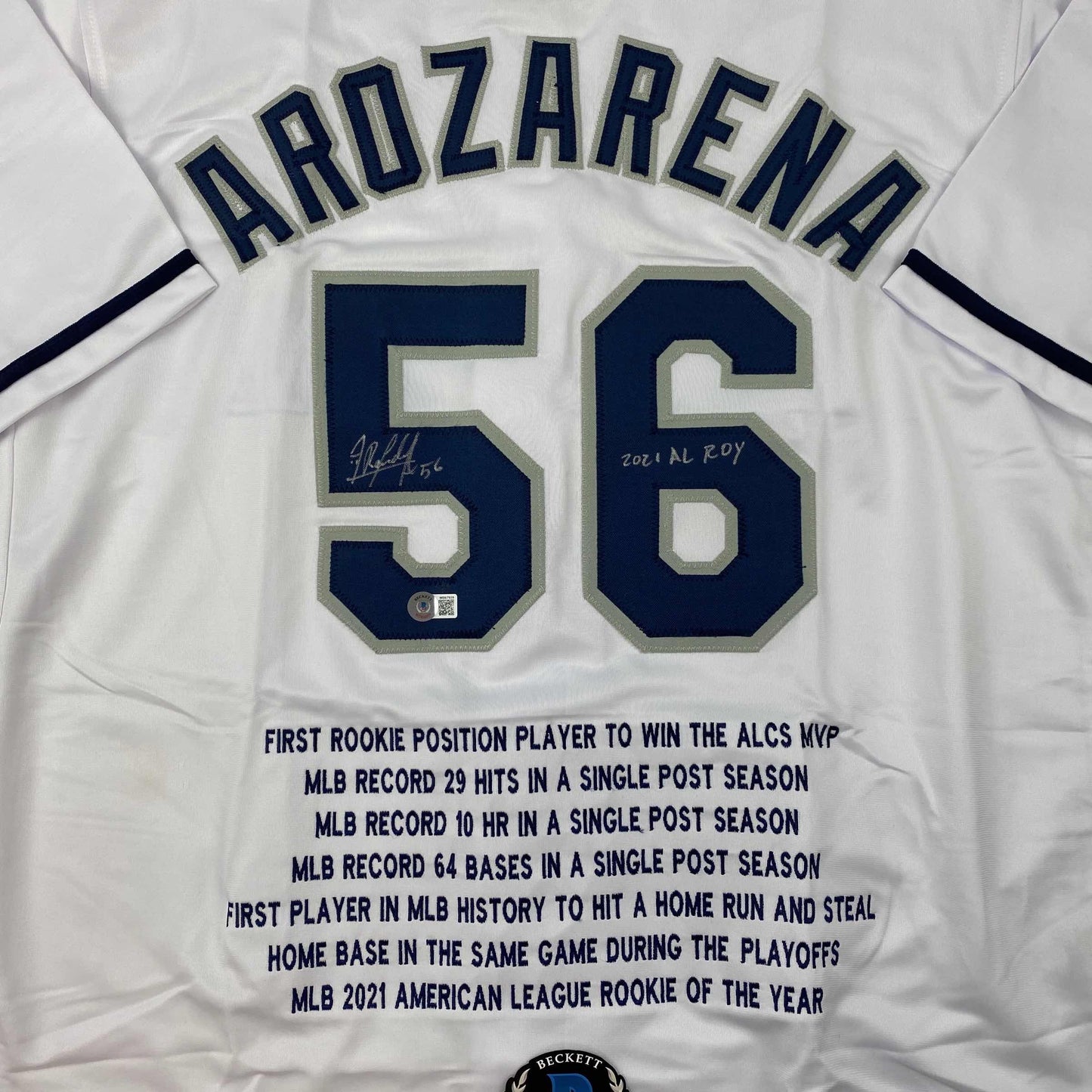 Autographed/Signed Randy Arozarena Tampa Bay White Stat Baseball Jersey Beckett BAS COA