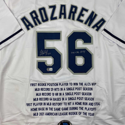 Autographed/Signed Randy Arozarena Tampa Bay White Stat Baseball Jersey Beckett BAS COA