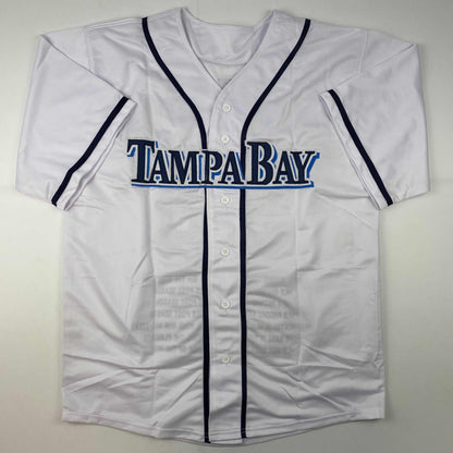 Autographed/Signed Randy Arozarena Tampa Bay White Stat Baseball Jersey Beckett BAS COA