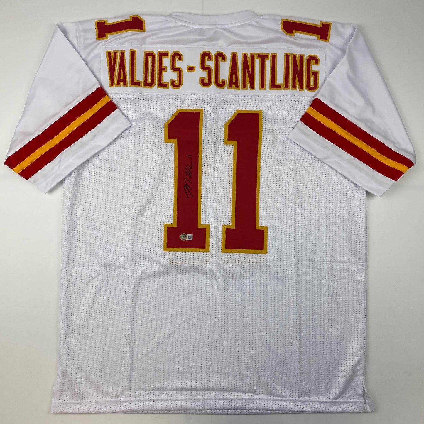 Autographed/Signed Marquez Valdes-Scantling Kansas City White Football Jersey Beckett BAS COA