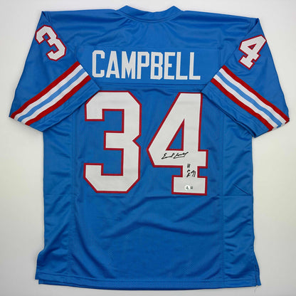 Autographed/Signed Earl Campbell HOF 91 Houston Blue Football Jersey Beckett BAS COA