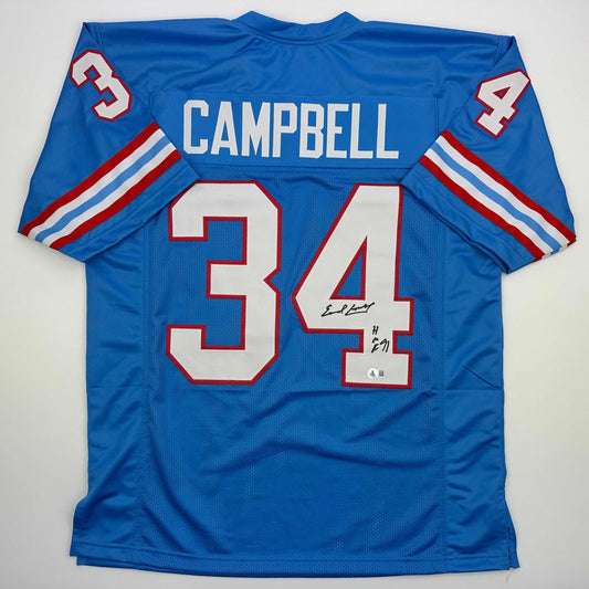 Autographed/Signed Earl Campbell HOF 91 Houston Blue Football Jersey Beckett BAS COA