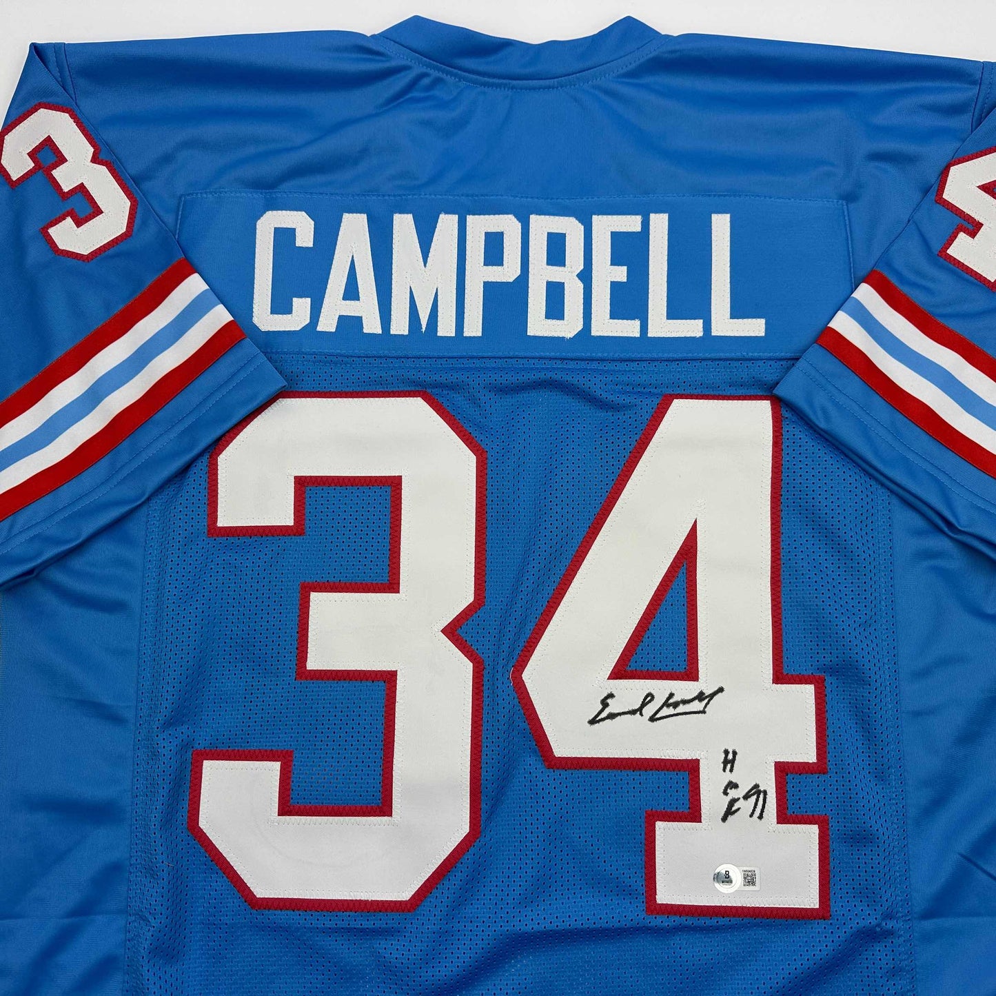 Autographed/Signed Earl Campbell HOF 91 Houston Blue Football Jersey Beckett BAS COA
