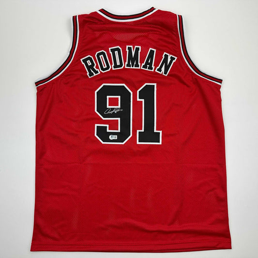 Autographed/Signed Dennis Rodman Chicago Red Basketball Jersey Beckett BAS COA
