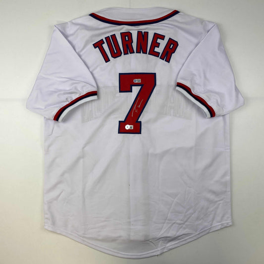 Autographed/Signed Trea Turner Washington White Baseball Jersey Beckett BAS COA