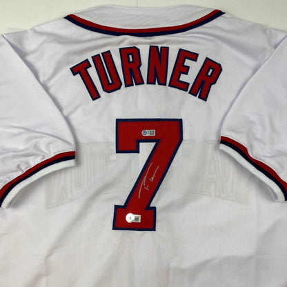 Autographed/Signed Trea Turner Washington White Baseball Jersey Beckett BAS COA