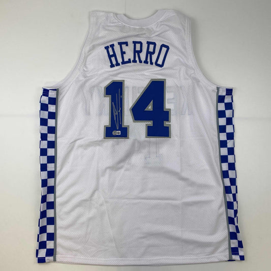 Autographed/Signed Tyler Herro Kentucky White College Basketball Jersey Beckett BAS COA