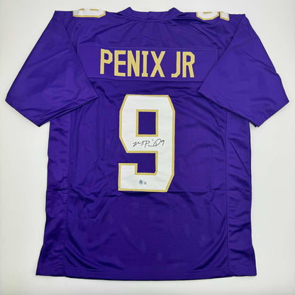 Autographed/Signed Michael Penix Jr. Washington Huskies Purple College Football Jersey Beckett BAS COA