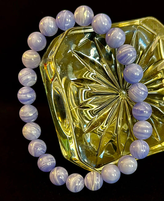 Reiki-Infused Natural Blue Lace Agate Bracelet for Anxiety Relief, Serenity & Throat Chakra Alignment (8mm)