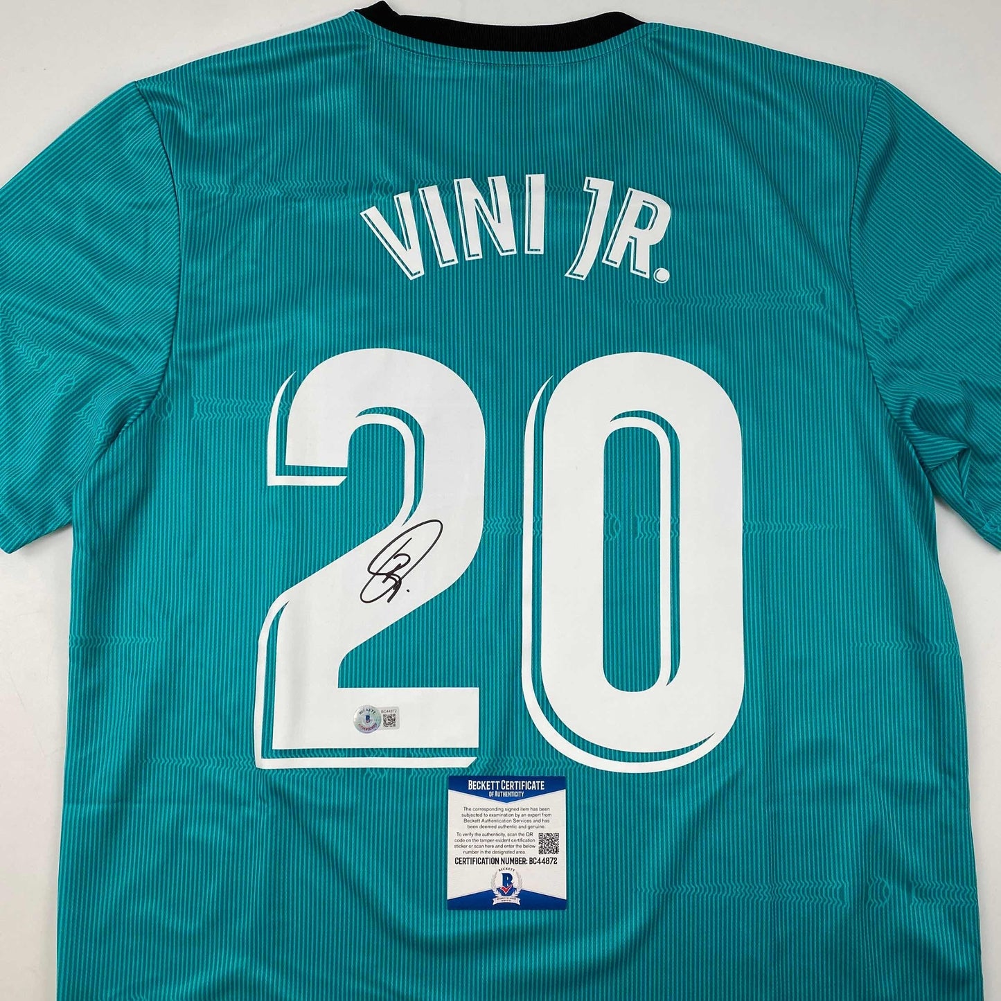 Autographed/Signed Vini Vinicius Jr. Real Madrid Teal Soccer Jersey Beckett BAS COA