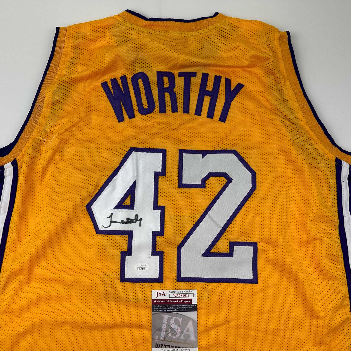 Autographed/Signed James Worthy Los Angeles LA Yellow Basketball Jersey JSA COA
