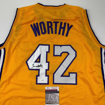 Autographed/Signed James Worthy Los Angeles LA Yellow Basketball Jersey JSA COA