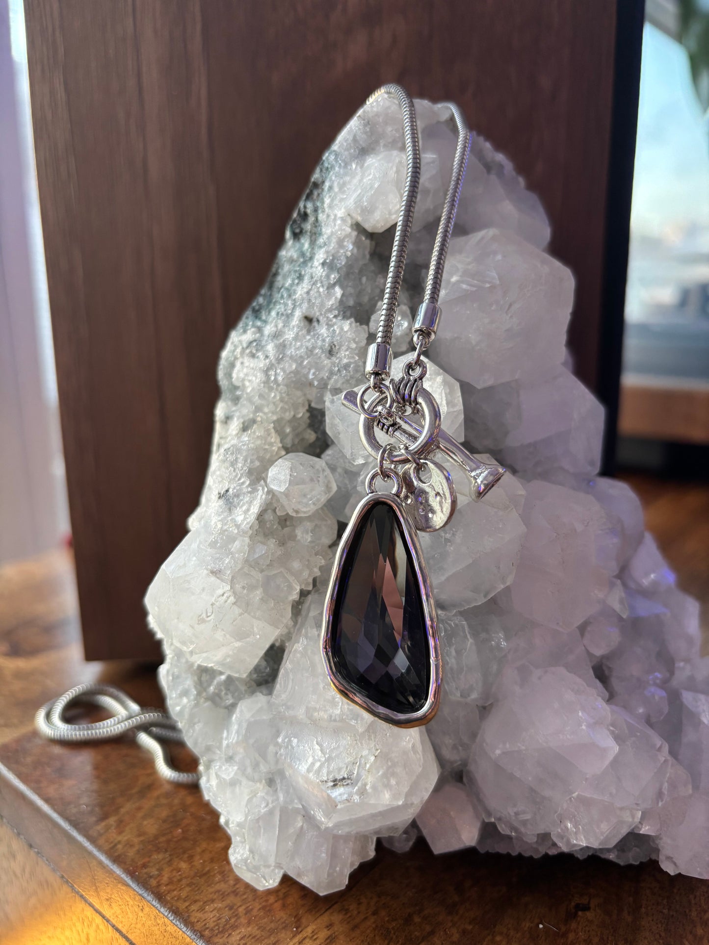 Crystal Teardrop Pendant Necklace – Ocean Blue, Emerald Green & Charcoal | Adjustable 29 inch Statement Necklace