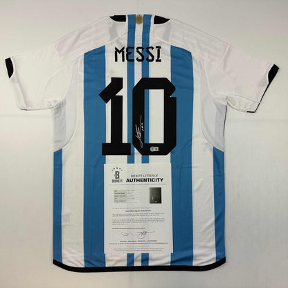 Autographed/Signed Lionel Leo Messi Argentina Blue/White Soccer Jersey Beckett BAS COA/LOA