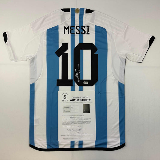 Autographed/Signed Lionel Leo Messi Argentina Blue/White Soccer Jersey Beckett BAS COA/LOA