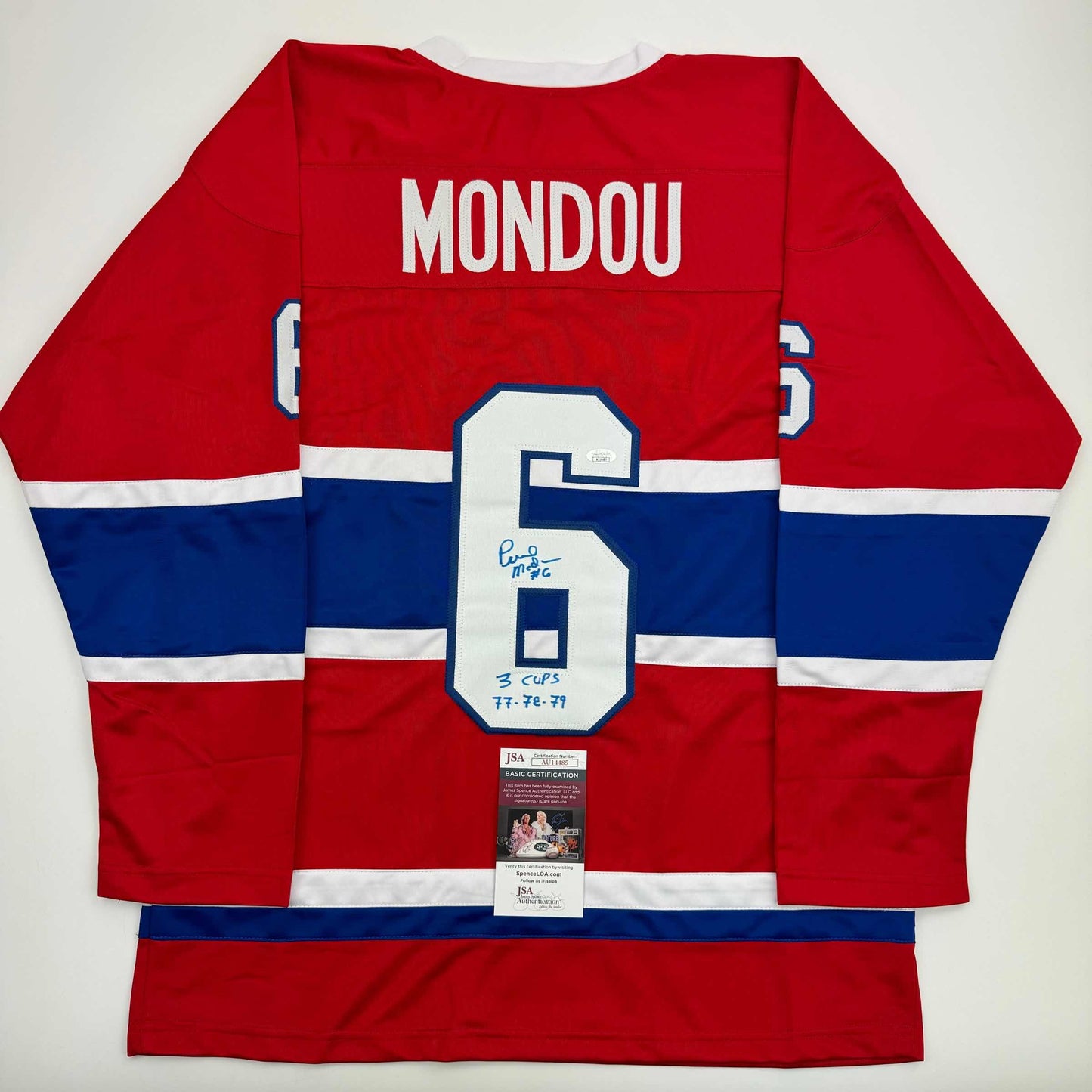 Autographed/Signed Pierre Mondou "3 Cups 77-78-79" Montreal Red Hockey Jersey JSA COA