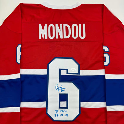 Autographed/Signed Pierre Mondou "3 Cups 77-78-79" Montreal Red Hockey Jersey JSA COA
