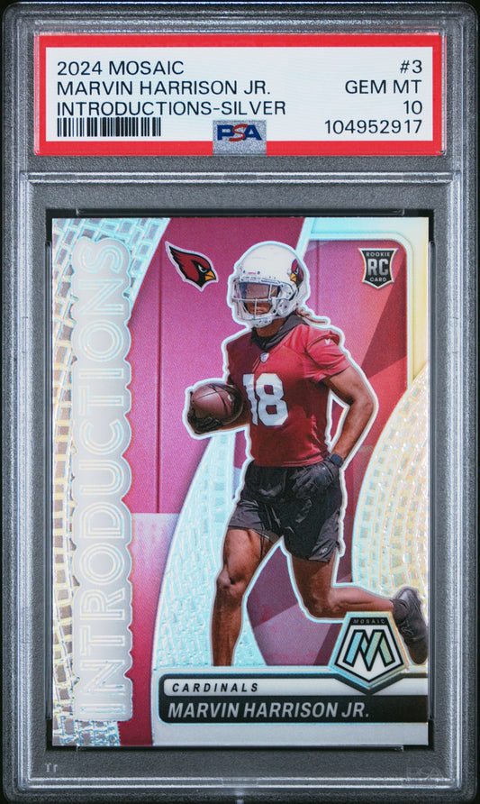 Graded 2024 Panini Mosaic Marvin Harrison Jr #3 Introductions Silver Rookie RC Football Card PSA 10 Gem Mint