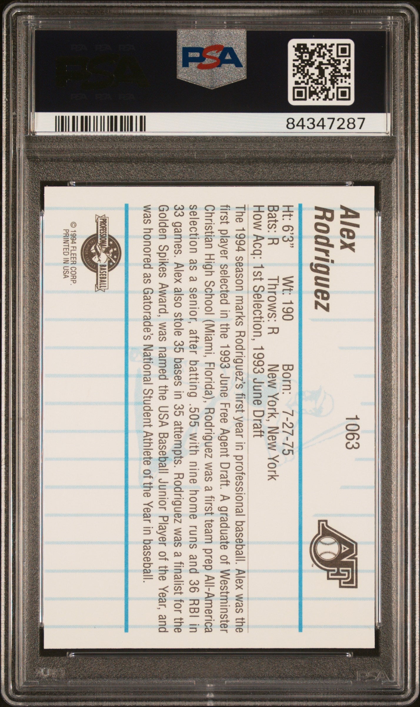 Graded 1994 Fleer Procards Alex Rodriguez #1063 Appleton Foxes Rookie RC Baseball Card PSA 10 Gem Mint