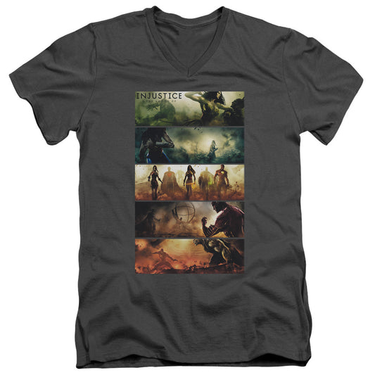 Injustice Gods Among Us Panels Mens Slim Fit V-Neck T Shirt Charcoal