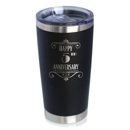 Happy 5th Anniversary Gifts Insulated Coffee Tumbler with Sliding Lid 5 Year Anniversary Art Deco Party Decor 20oz Stainless Steel Tumbler