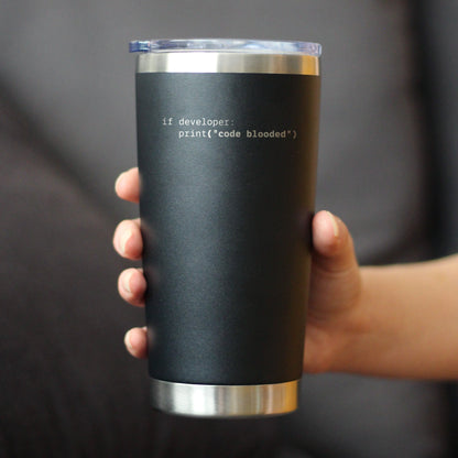 Code Blooded Insulated Coffee Tumbler with Sliding Lid Funny Tech Gifts for Programmer, Coder & Computer Geeks 20oz Stainless Steel Tumbler