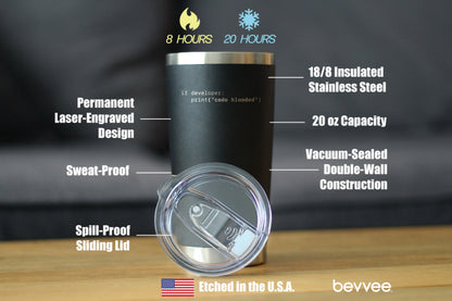 Code Blooded Insulated Coffee Tumbler with Sliding Lid Funny Tech Gifts for Programmer, Coder & Computer Geeks 20oz Stainless Steel Tumbler