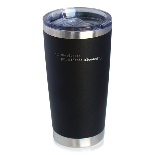 Code Blooded Insulated Coffee Tumbler with Sliding Lid Funny Tech Gifts for Programmer, Coder & Computer Geeks 20oz Stainless Steel Tumbler