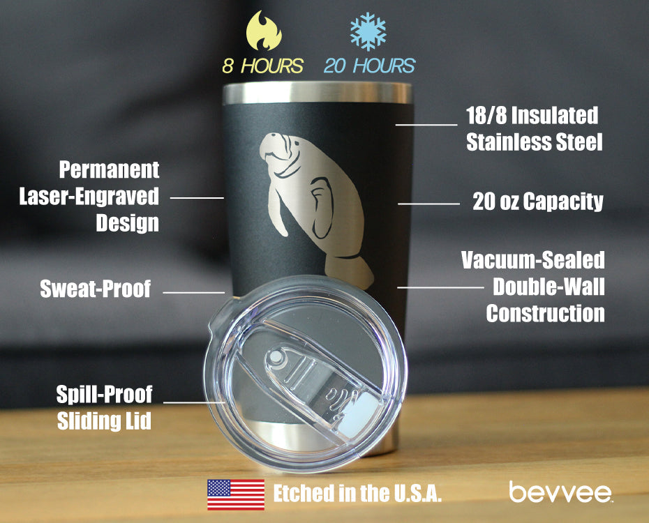 Manatee - Insulated Coffee Tumbler Cup with Sliding Lid - Stainless Steel Travel Mug - Manatee Gifts Women and Men Beach Lovers
